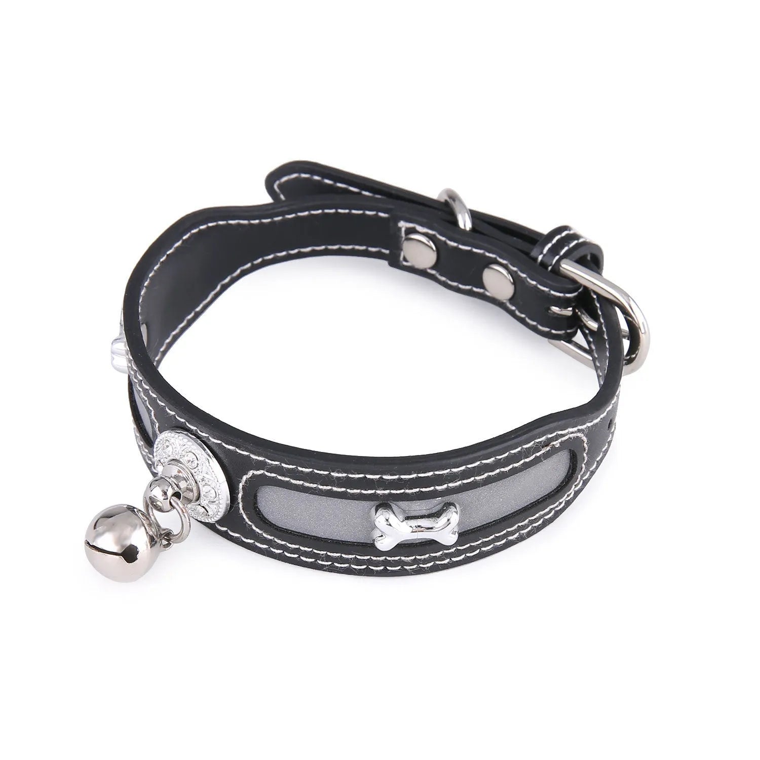Reflective PU dog and cat collar in black with monochrome design