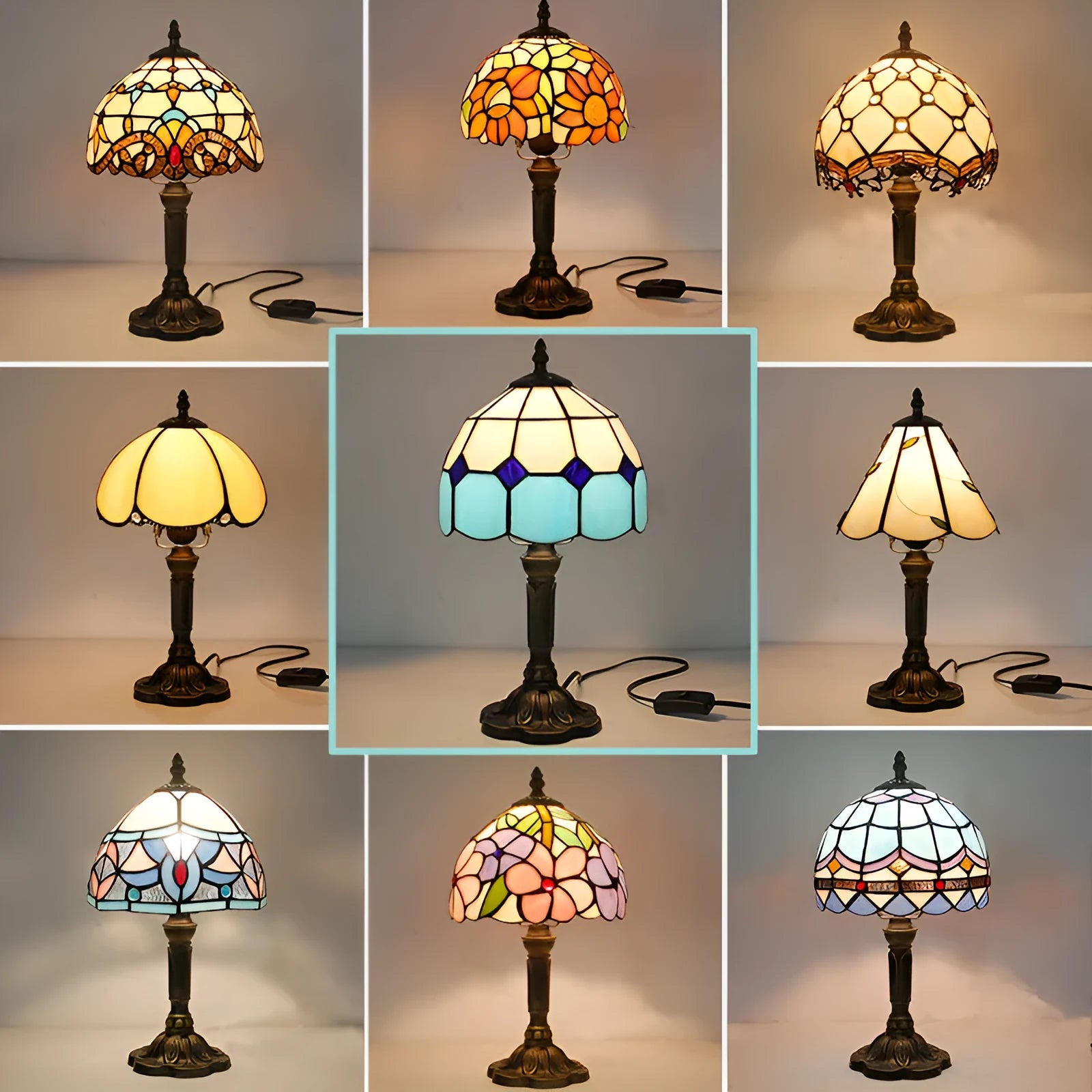 Yellow glass table lamp with mosaic pattern on a black resin base on a wooden table