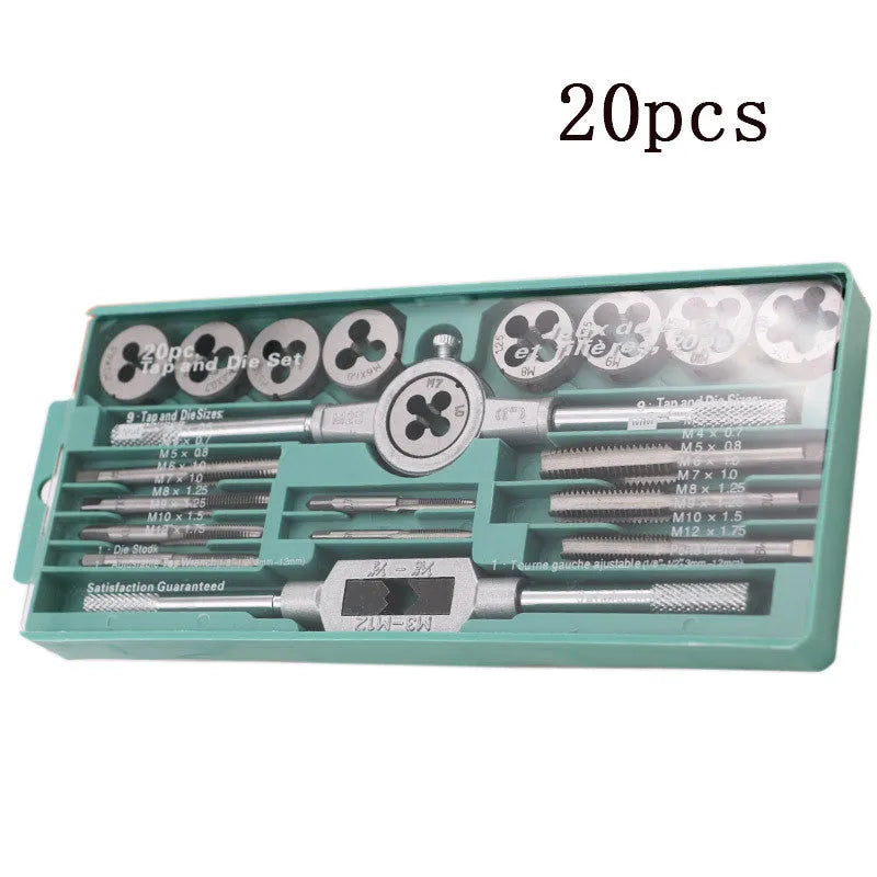 20-piece metric hand tap and die set with alloy steel taps for manual thread repair