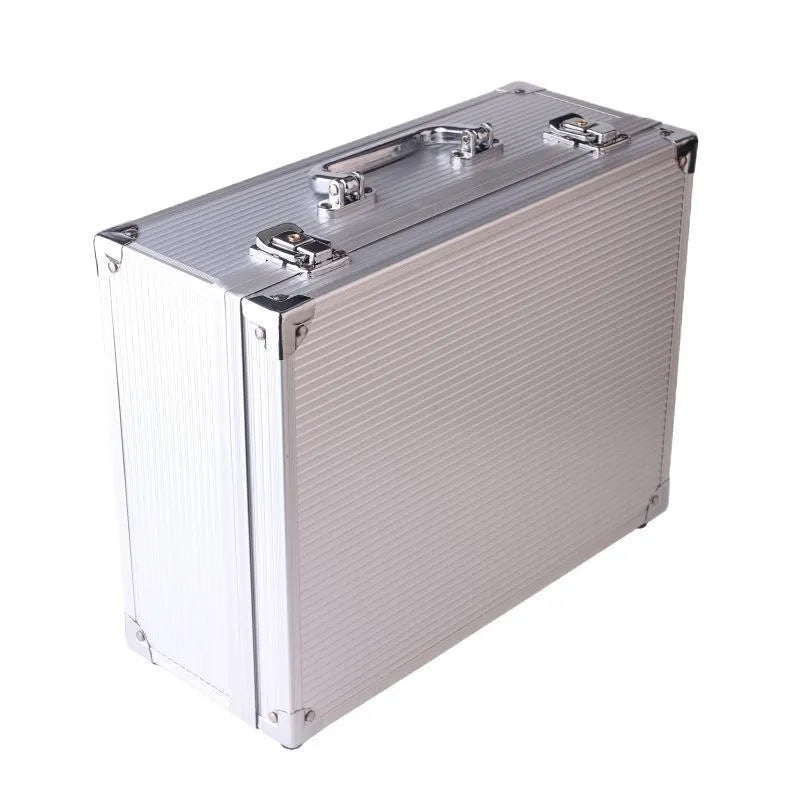 Black and silver aluminium alloy tattoo equipment storage box for machine and ink organisation.