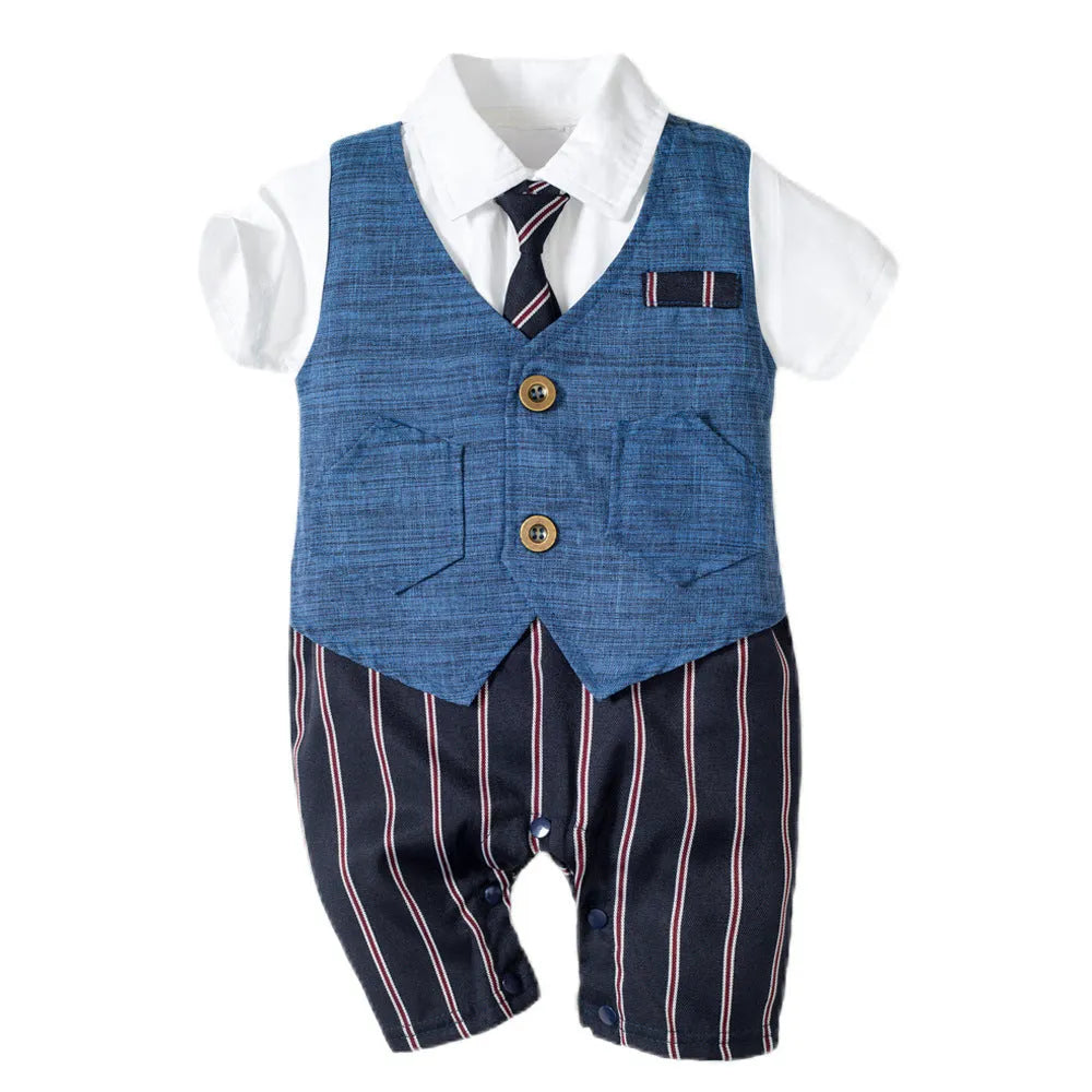 Infant baby boy one-piece cotton romper suit with detachable hood and short sleeves in British style