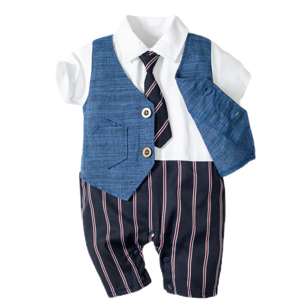 Infant baby boy one-piece cotton romper suit with detachable hood and short sleeves in British style