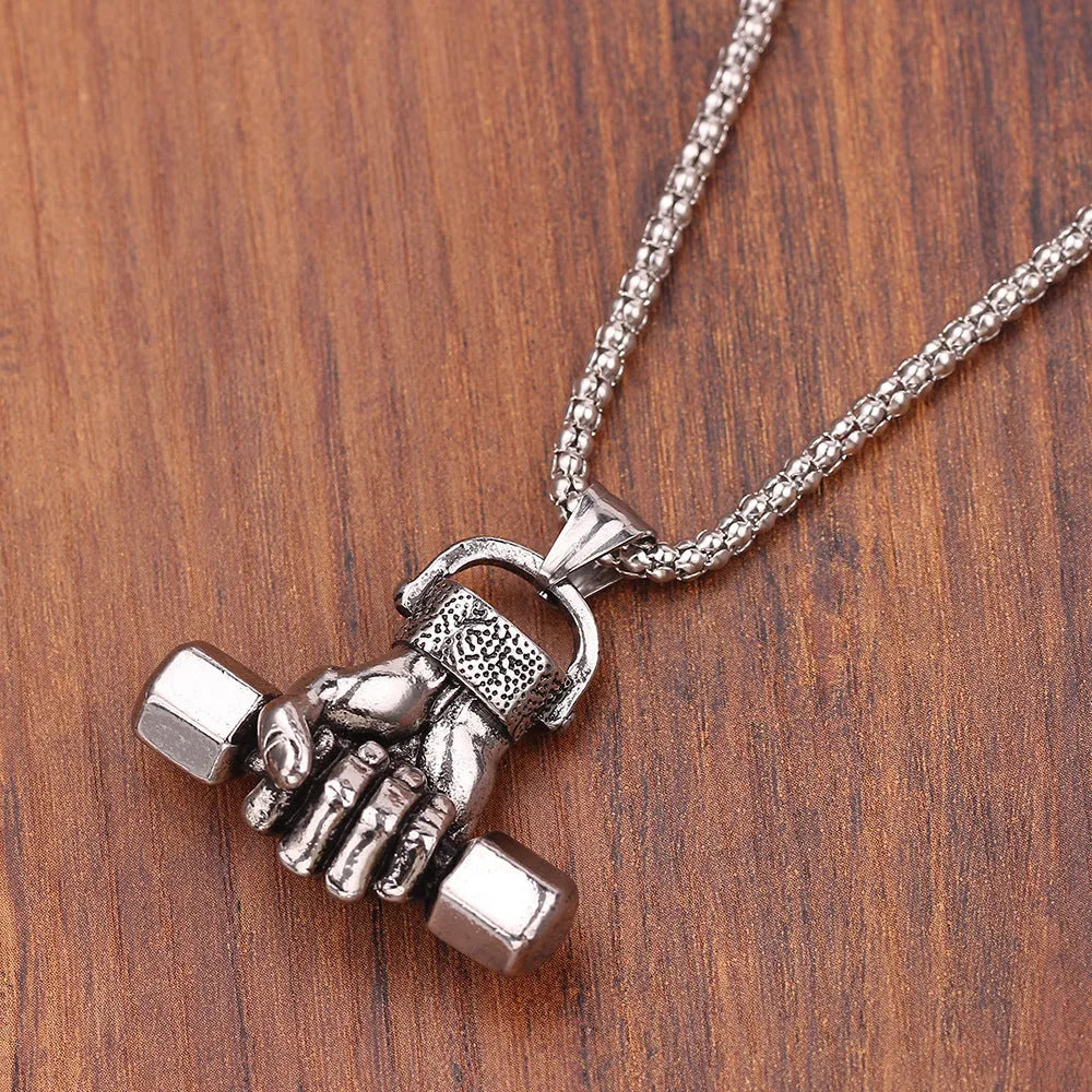 Silver gym dumbbell pendant on snake bone chain necklace unisex alloy electroplated finish