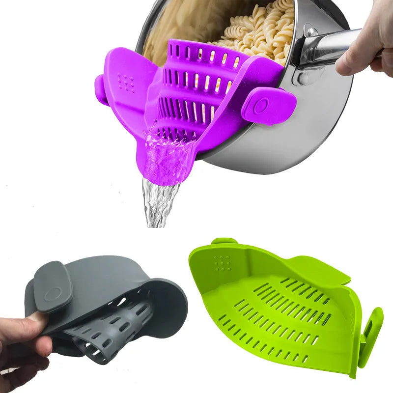 Silicone clip-on kitchen funnel strainer with stainless steel mesh filter in various colour options