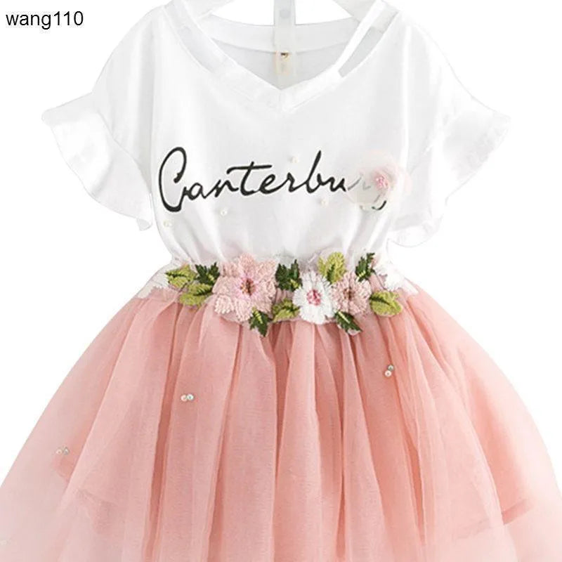 Summer kids girls clothing set two piece t-shirt hole pants green jeans pink sizes 100-140cm