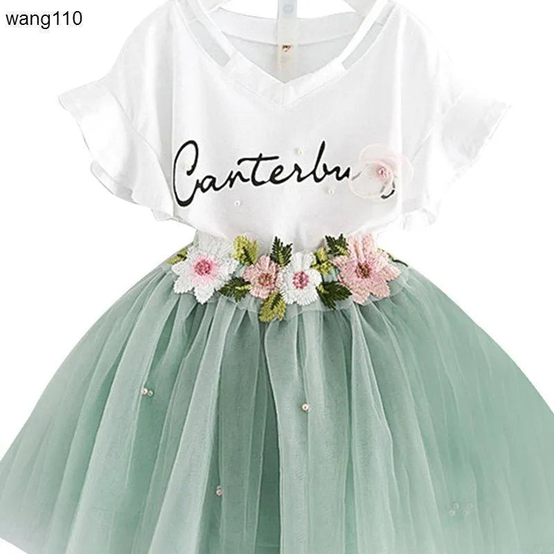 Summer kids girls clothing set two piece t-shirt hole pants green jeans pink sizes 100-140cm