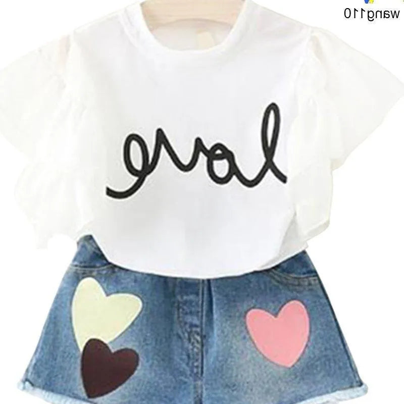 Summer kids girls clothing set two piece t-shirt hole pants green jeans pink sizes 100-140cm