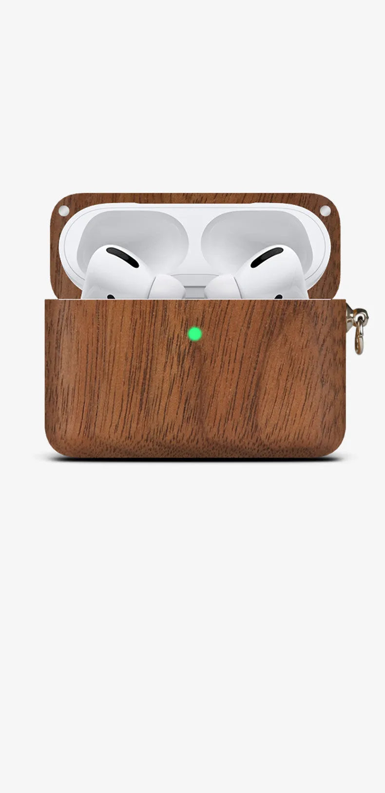 Solid wood earphone case sleeve with lanyard in bamboo finish, next to compatible Bluetooth earphones.