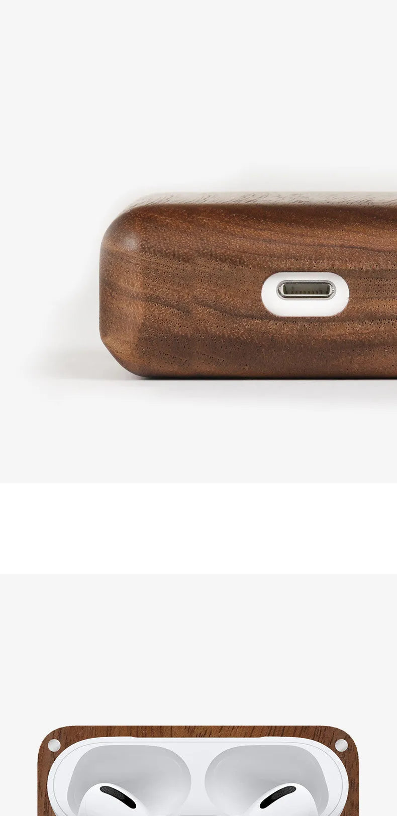 Solid wood earphone case sleeve with lanyard in bamboo finish, next to compatible Bluetooth earphones.