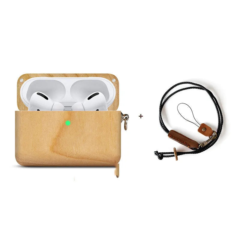 Solid wood earphone case sleeve with lanyard in bamboo finish, next to compatible Bluetooth earphones.