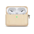 Solid wood earphone case sleeve with lanyard in bamboo finish, next to compatible Bluetooth earphones.