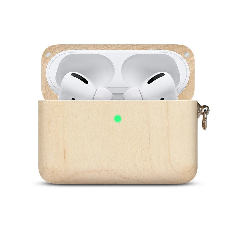 Solid wood earphone case sleeve with lanyard in bamboo finish, next to compatible Bluetooth earphones.