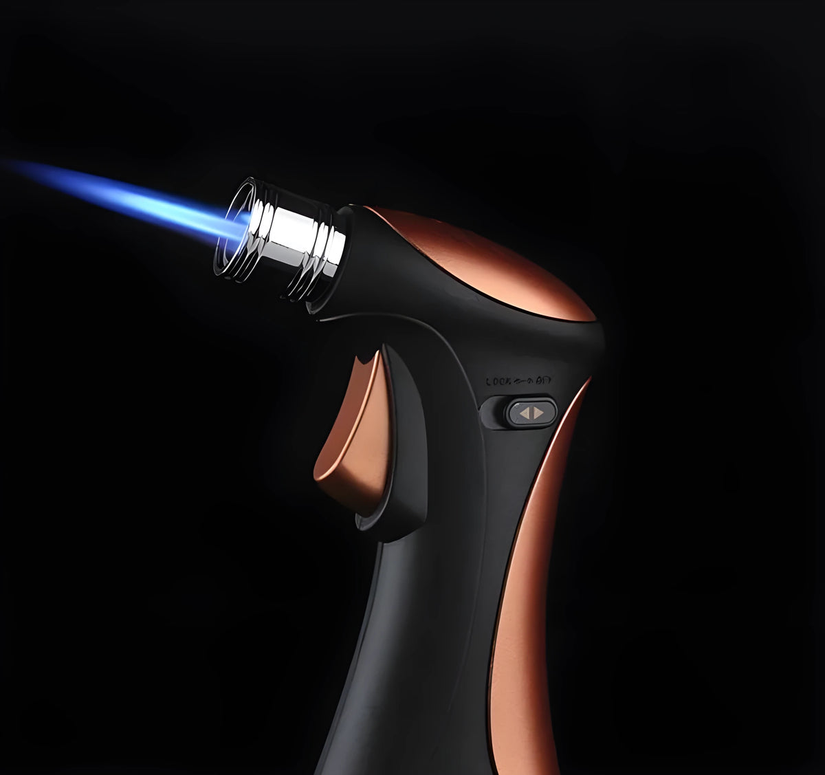 Windproof torch lighter in black with adjustable flame and metal body