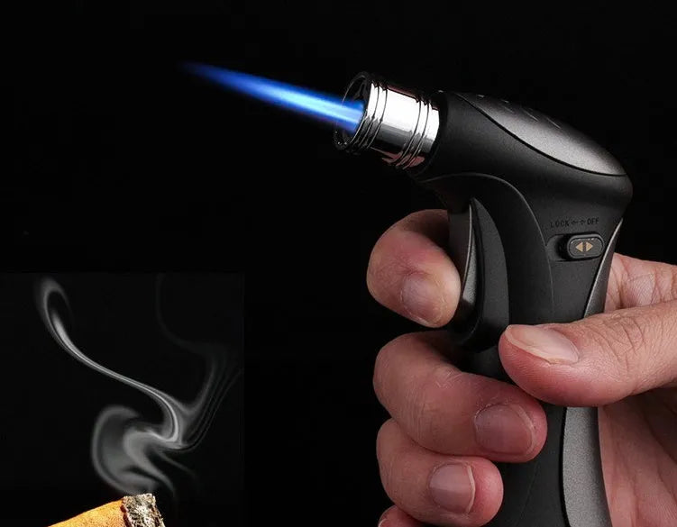 Windproof torch lighter in black with adjustable flame and metal body