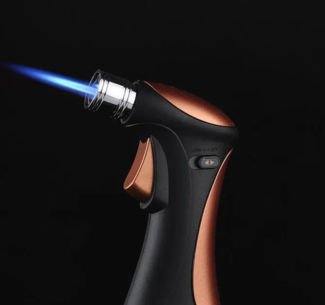 Windproof torch lighter in black with adjustable flame and metal body