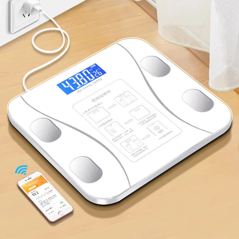USB rechargeable body fat scale in black with LCD display and glass platform