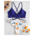 Sexy braided bikini swimsuit in floral print with backless padded top and adjustable straps for women