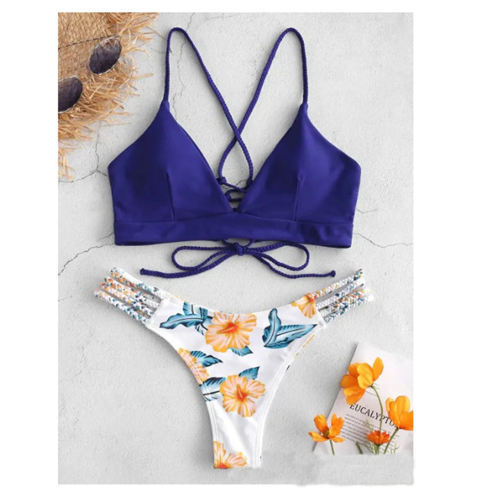 Sexy braided bikini swimsuit in floral print with backless padded top and adjustable straps for women