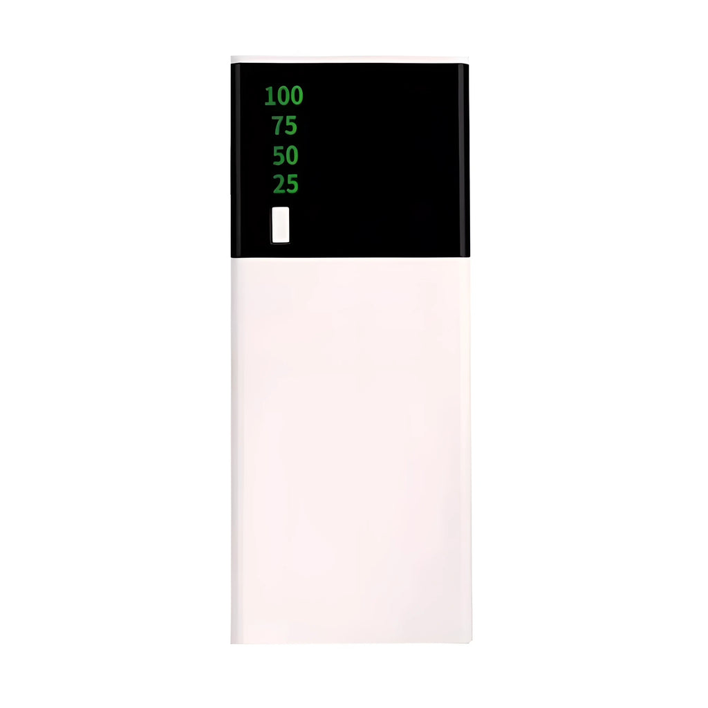 Black 20000mAh portable power bank with USB charging cable on a white background.