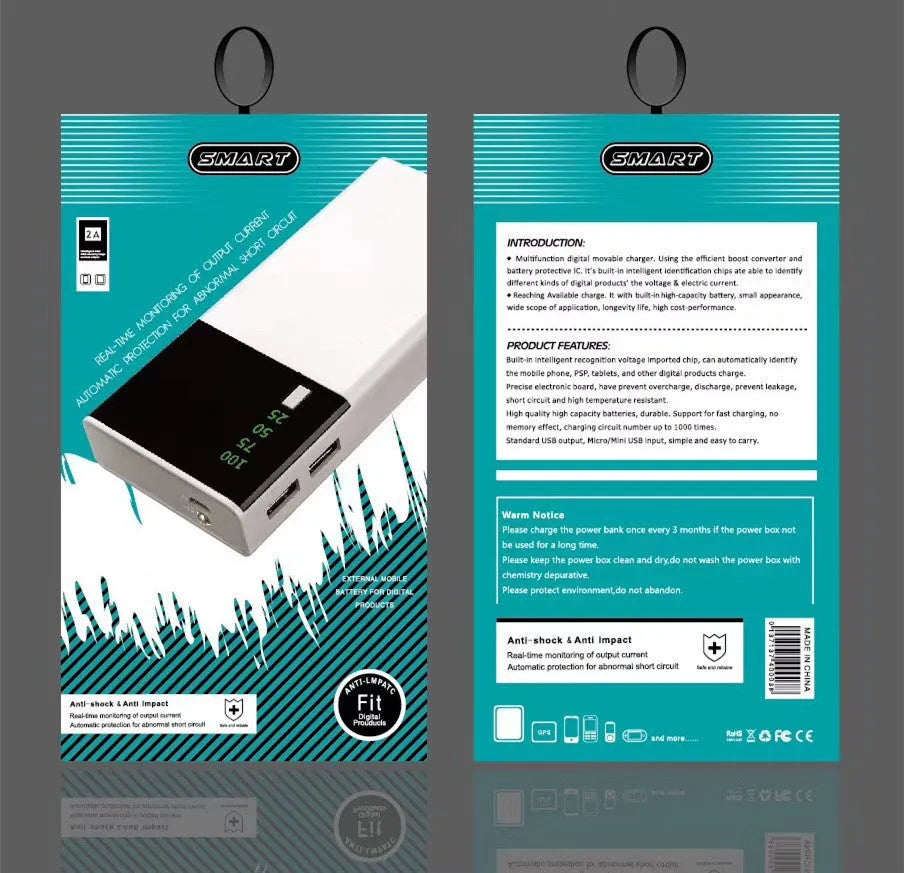 Black 20000mAh portable power bank with USB charging cable on a white background.