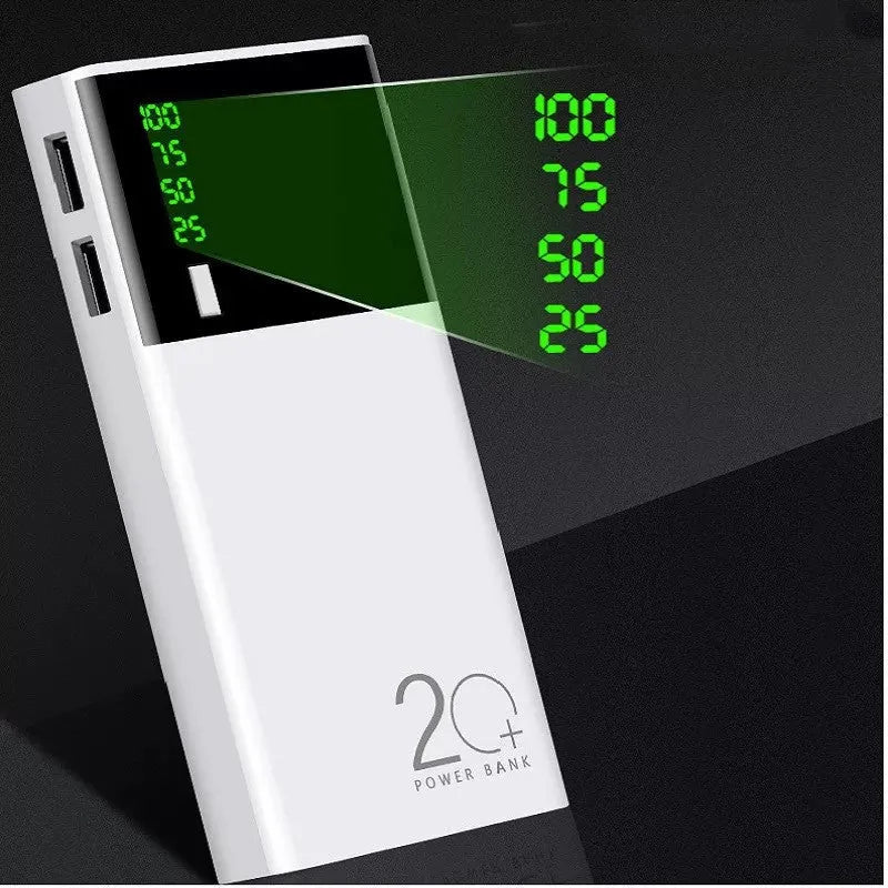 Black 20000mAh portable power bank with USB charging cable on a white background.