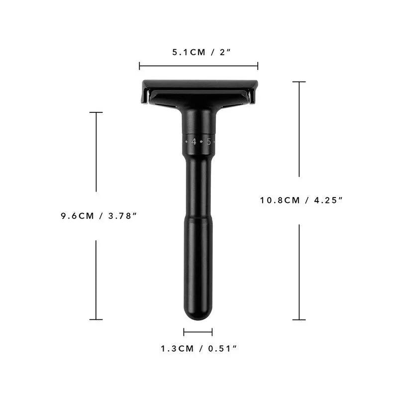 Old-fashioned men's manual razor with black zinc alloy handle and stainless steel blade on a neutral background