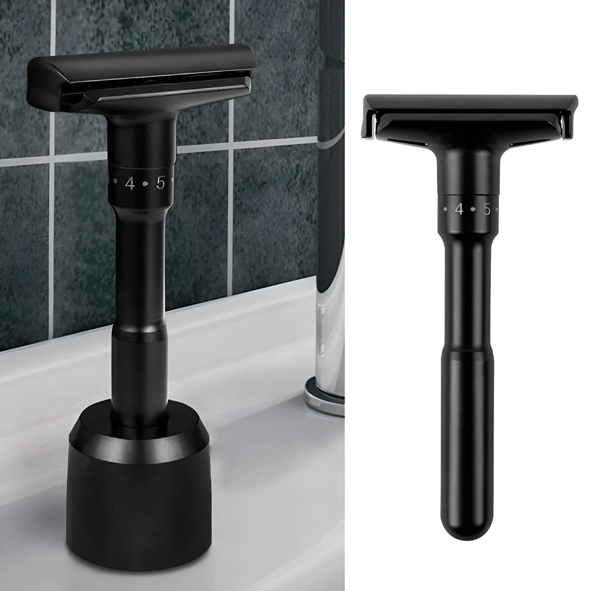 Old-fashioned men's manual razor with black zinc alloy handle and stainless steel blade on a neutral background