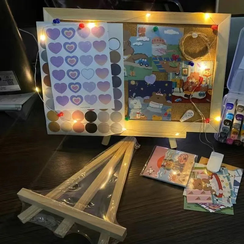 Cork notice board for wall or desk in two size options, shown with wooden stand.