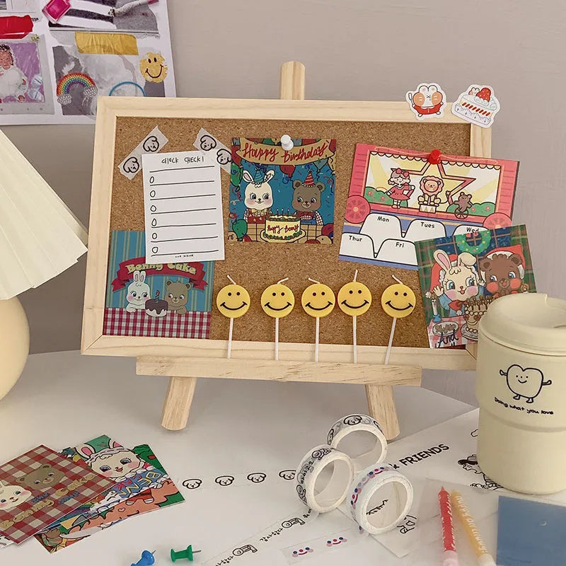 Cork notice board for wall or desk in two size options, shown with wooden stand.
