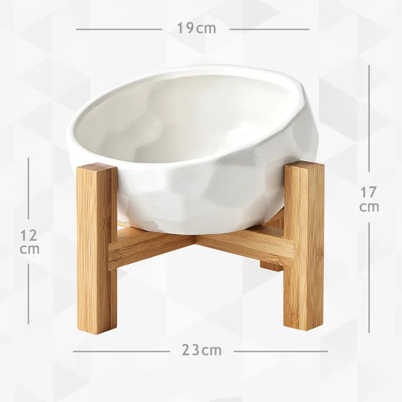 Yuanmiao ceramic cat bowl with bamboo wood frame in raised diamond high-foot design for cervical spine protection