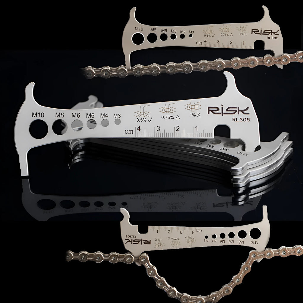 Risk stainless steel 3-in-1 chain checker for bike chain wear measurement with go/no-go indicator and chain hook