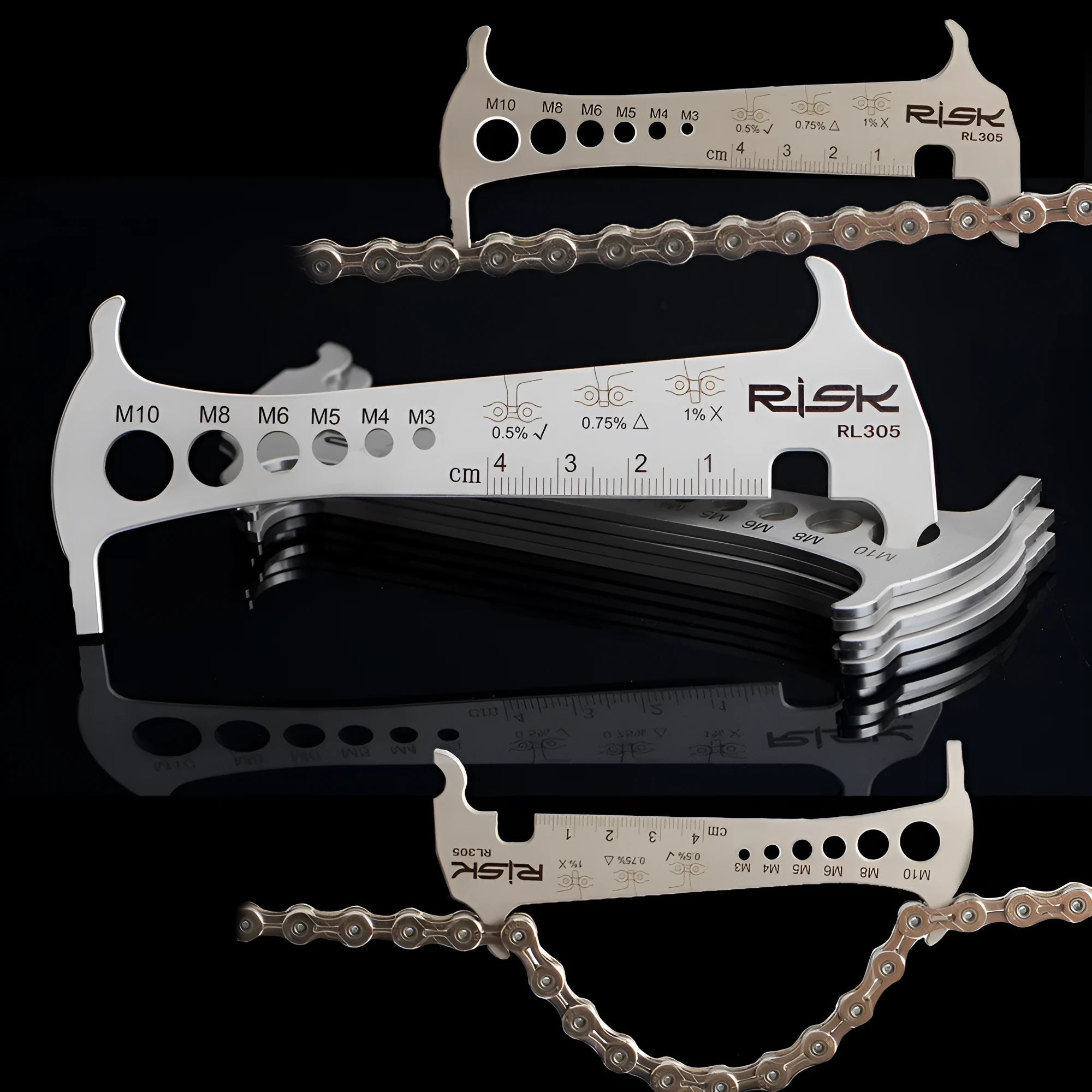 Risk stainless steel 3-in-1 chain checker for bike chain wear measurement with go/no-go indicator and chain hook