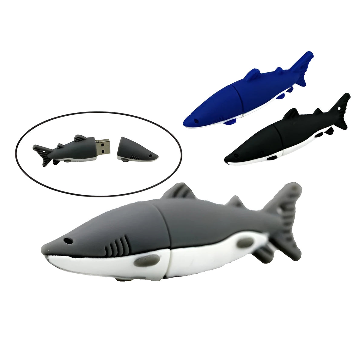 Cartoon shark-shaped USB flash drive in black with PVC shell and USB 2.0 connector