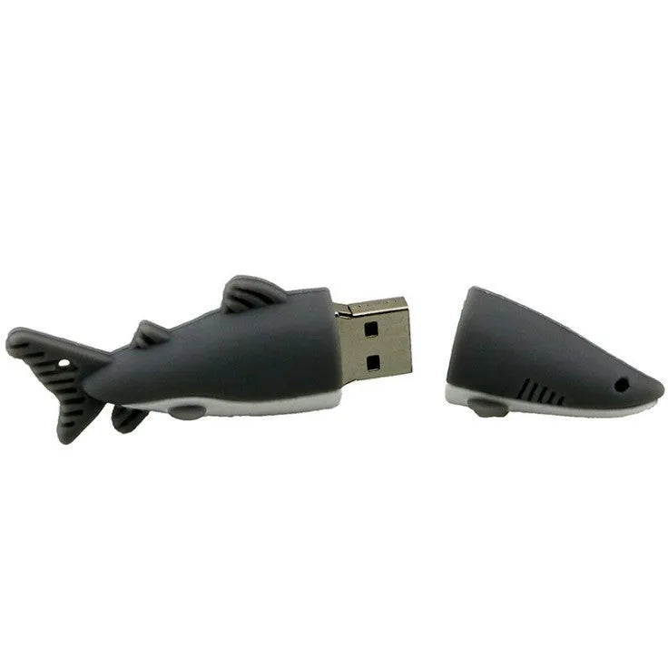 Cartoon shark-shaped USB flash drive in black with PVC shell and USB 2.0 connector