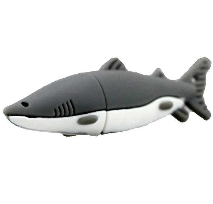 Cartoon shark-shaped USB flash drive in black with PVC shell and USB 2.0 connector