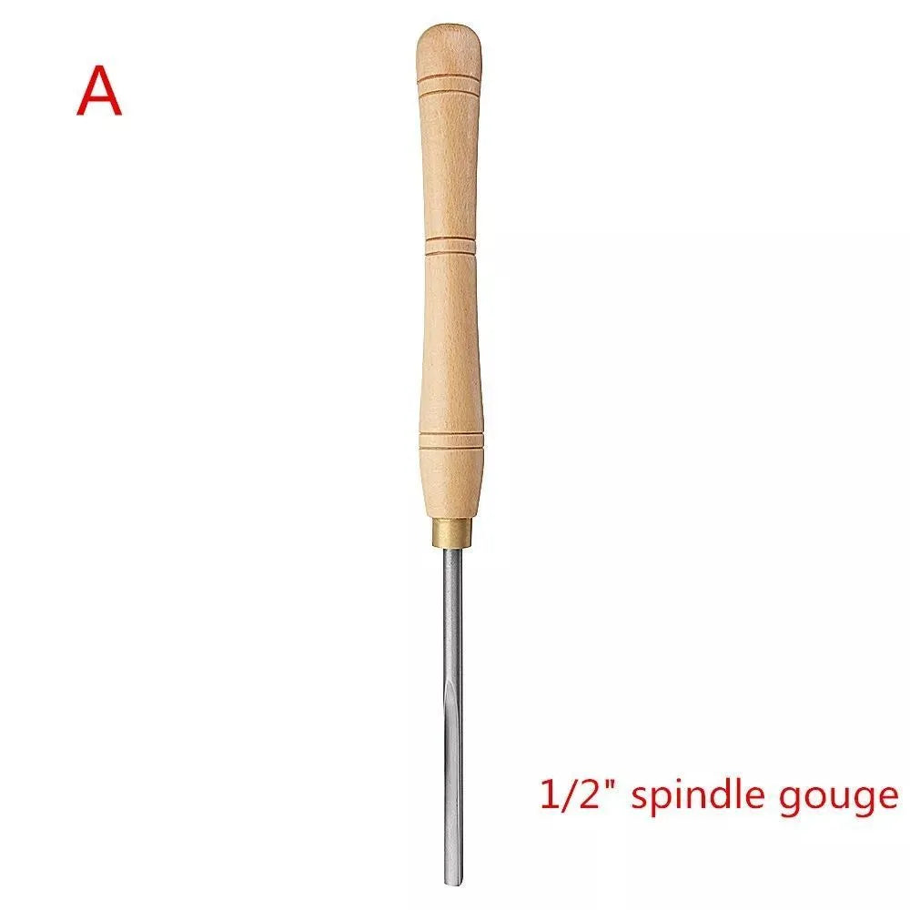 Eight woodturning chisels in a hardwood box, showing skew, gouge, and parting tool profiles.