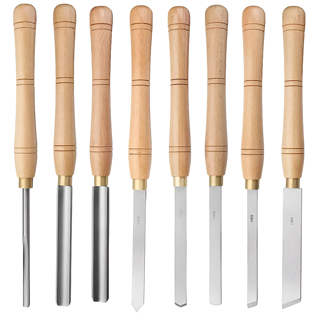 Eight woodturning chisels in a hardwood box, showing skew, gouge, and parting tool profiles.