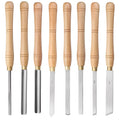 Eight woodturning chisels in a hardwood box, showing skew, gouge, and parting tool profiles.