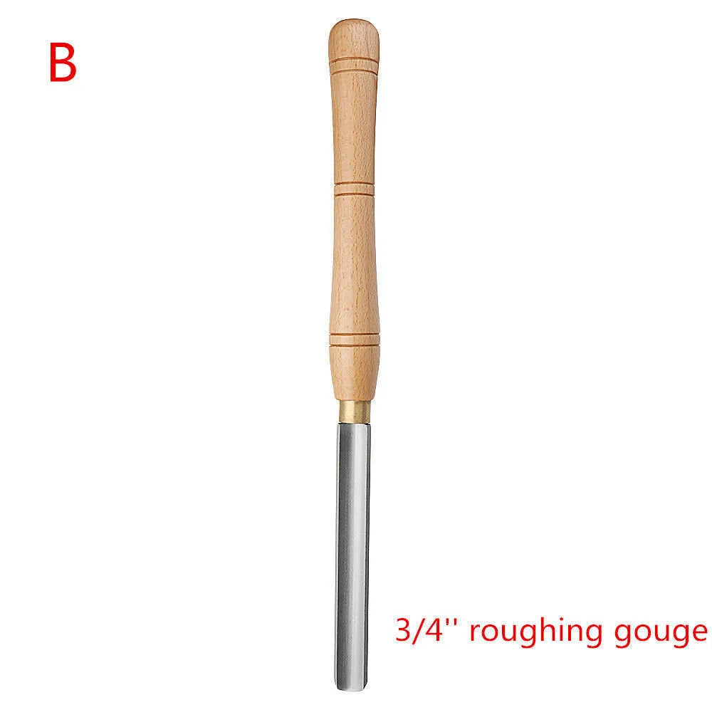 Eight woodturning chisels in a hardwood box, showing skew, gouge, and parting tool profiles.