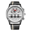 Uniquex men's leather strap wrist watch with round dial, black face black belt, alloy case, mineral glass
