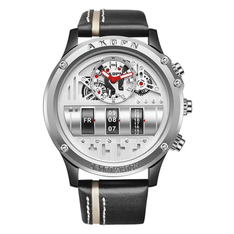 Uniquex men's leather strap wrist watch with round dial, black face black belt, alloy case, mineral glass