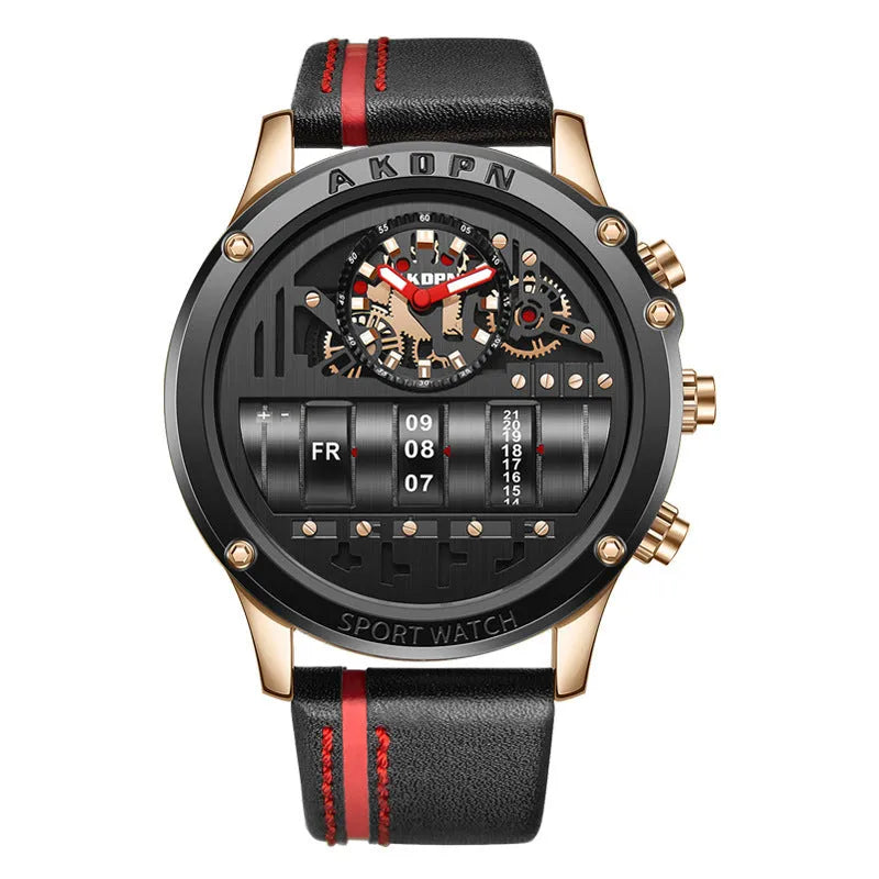 Uniquex men's leather strap wrist watch with round dial, black face black belt, alloy case, mineral glass