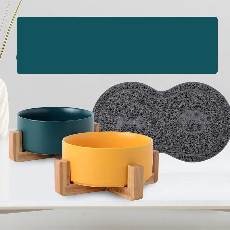 Ceramic and bamboo pet bowl for cats and dogs in 13cm 16cm 21cm random colour