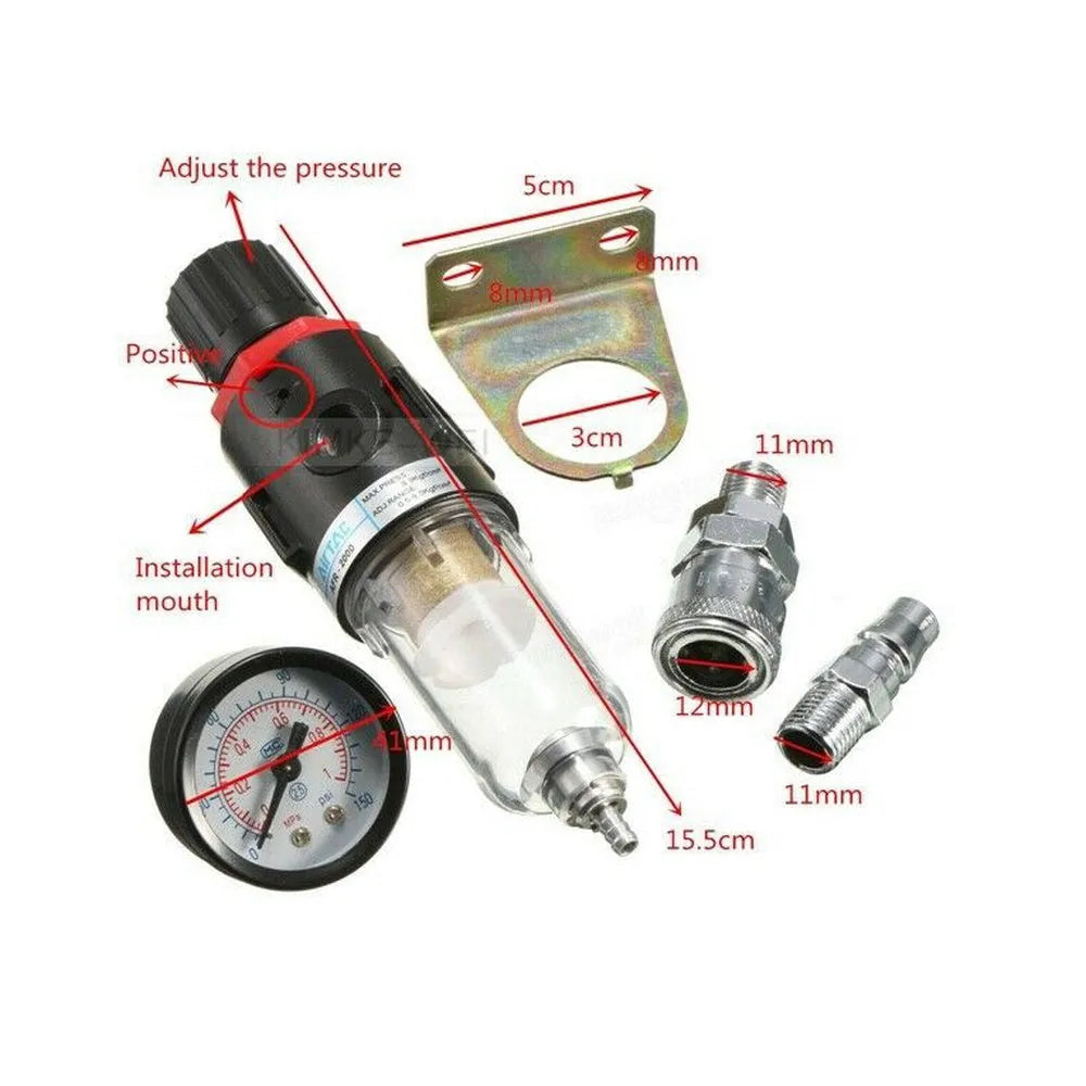 Air compressor filter regulator with pressure gauge and quarter-inch connector for workshop pneumatic tool protection