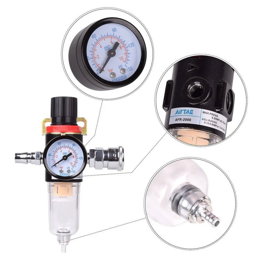 Air compressor filter regulator with pressure gauge and quarter-inch connector for workshop pneumatic tool protection