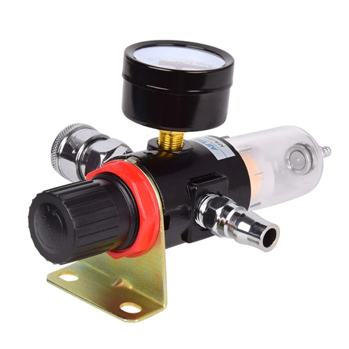 Air compressor filter regulator with pressure gauge and quarter-inch connector for workshop pneumatic tool protection