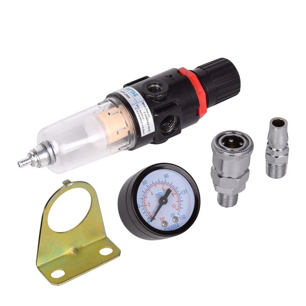 Air compressor filter regulator with pressure gauge and quarter-inch connector for workshop pneumatic tool protection