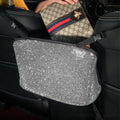 Crystal rhinestone car storage bag organizer with multi-pockets attached to backseat of car, showing white and colour options