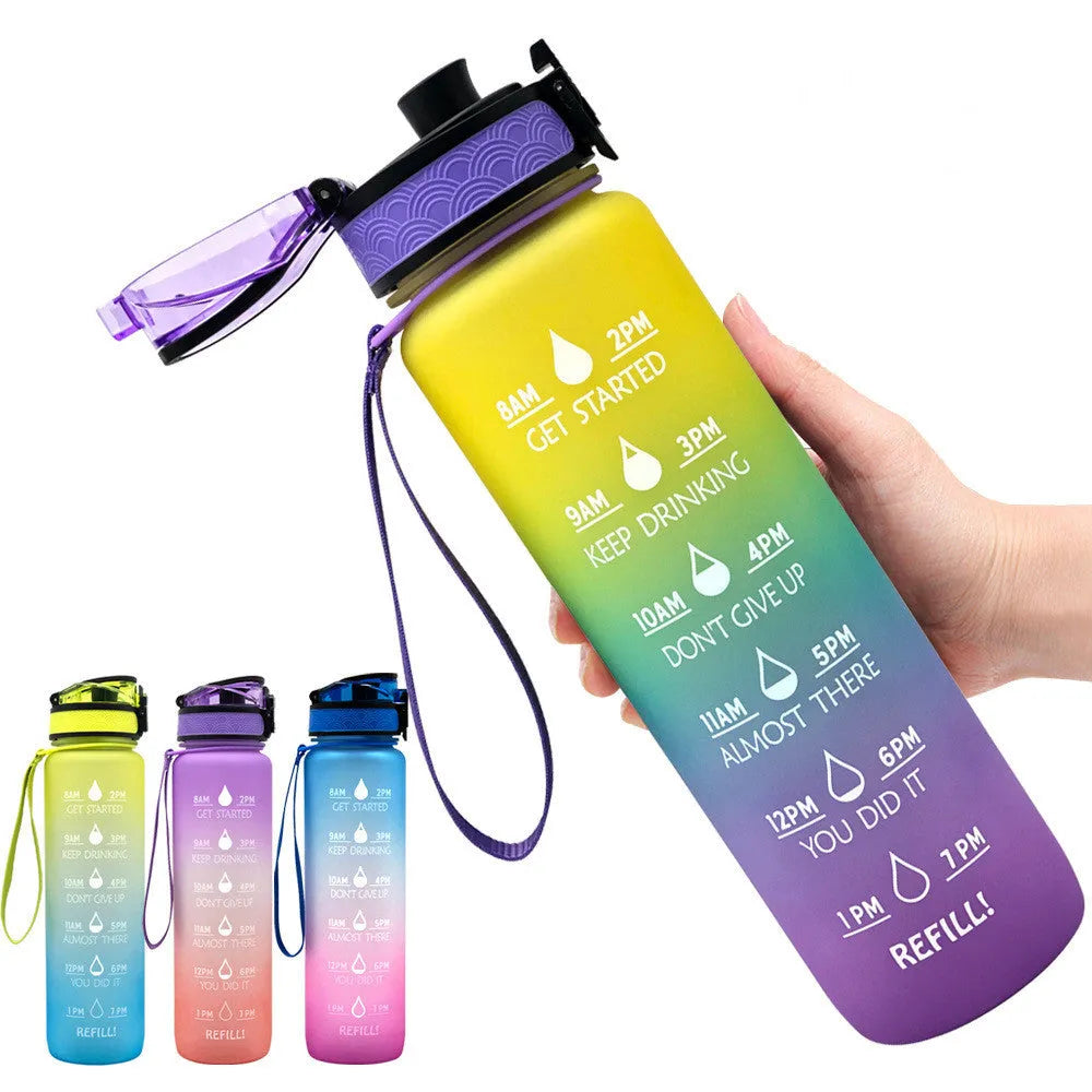 1 litre Tritan water bottle with time markers and gradient colour design