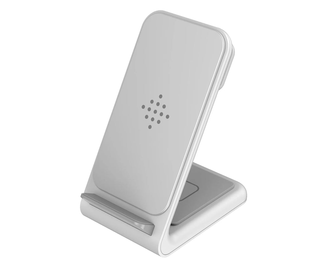 Black three-in-one wireless charging bracket holding an iPhone and a Samsung smartwatch